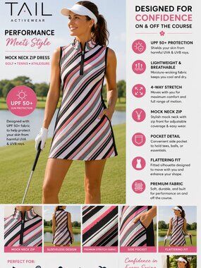 Tail Activewear Dress XS Stripe Golf Tennis UPF50 Mock Neck Zip Activewear Sport